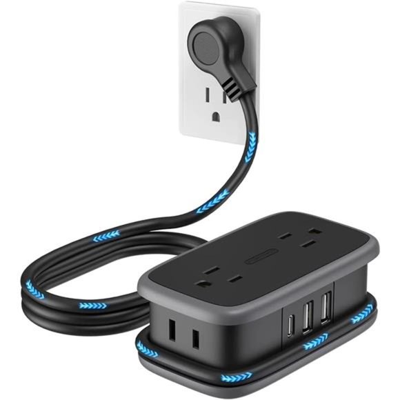 Power Strip with USB C Port, Flat Plug Extension Cord with 4 Outlets 3 USB - Picture 1 of 6